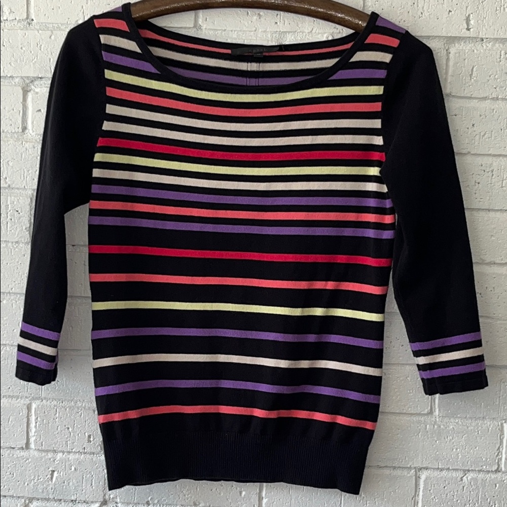 Coast Colorful Striped Knit Crew Neck Sweater 3/4 Length Sleeve Size 12